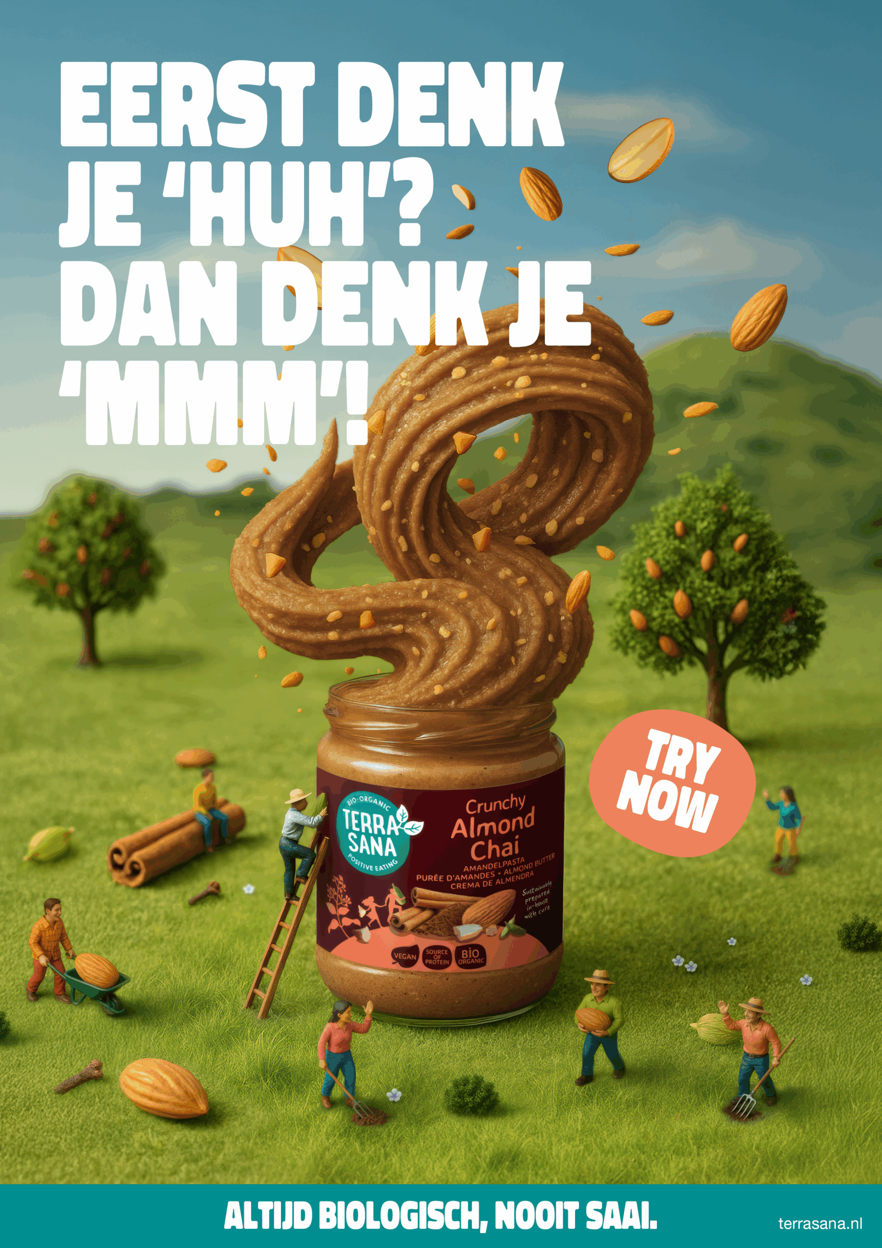 Eerst denk je 'huh'? Dan denk je 'mmm'! - Crunchy amandelpasta chai campagne